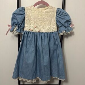 Sweet blossoms short sleeve denim lace floral vintage dress girl size 4